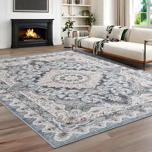 Blue Machine Washable Faux Wool Vintage Rug for Bedroom,Dining Room, Low Pile Soft Boho Floor Covering Carpet Retro Distressed Medallion Mat Traditional Interiors,Non-Slip Backing,Indoor Floormat Home Decor,5x7,6x9,8x10