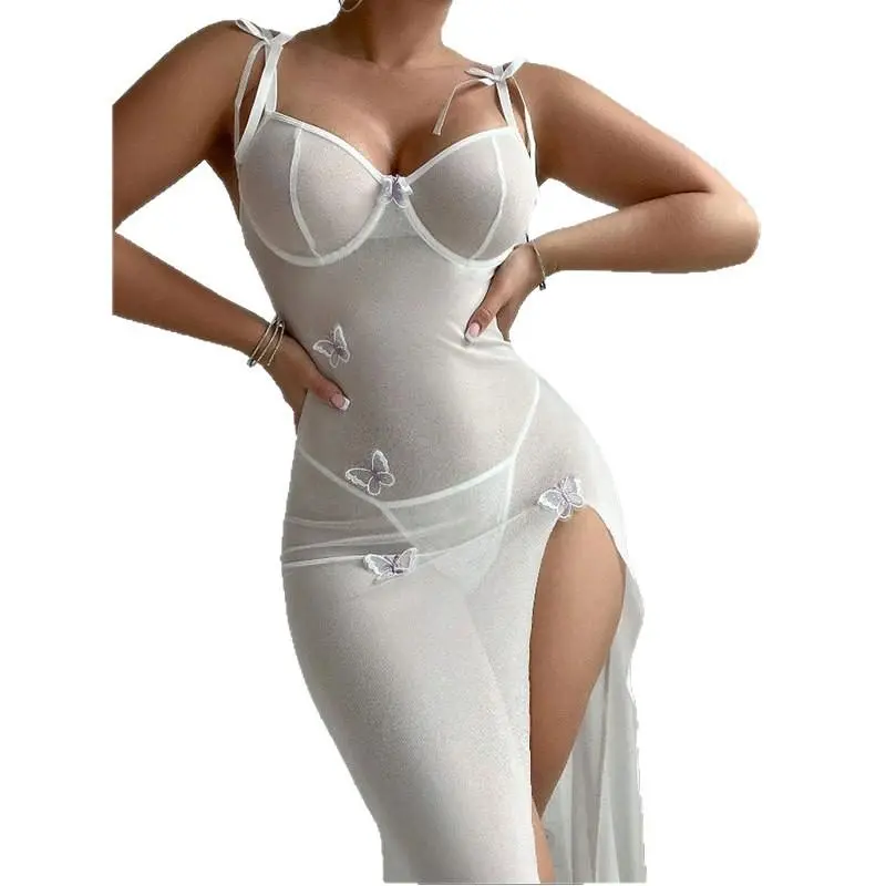 Summer Sexy Sheer Long Dress Tempting Lace High Slit Mesh Dress Casual Womenswear Basic Minimalist Sleeveless Sky Blue Spaghetti Strap anna  woodz  coachella  outfit Formal