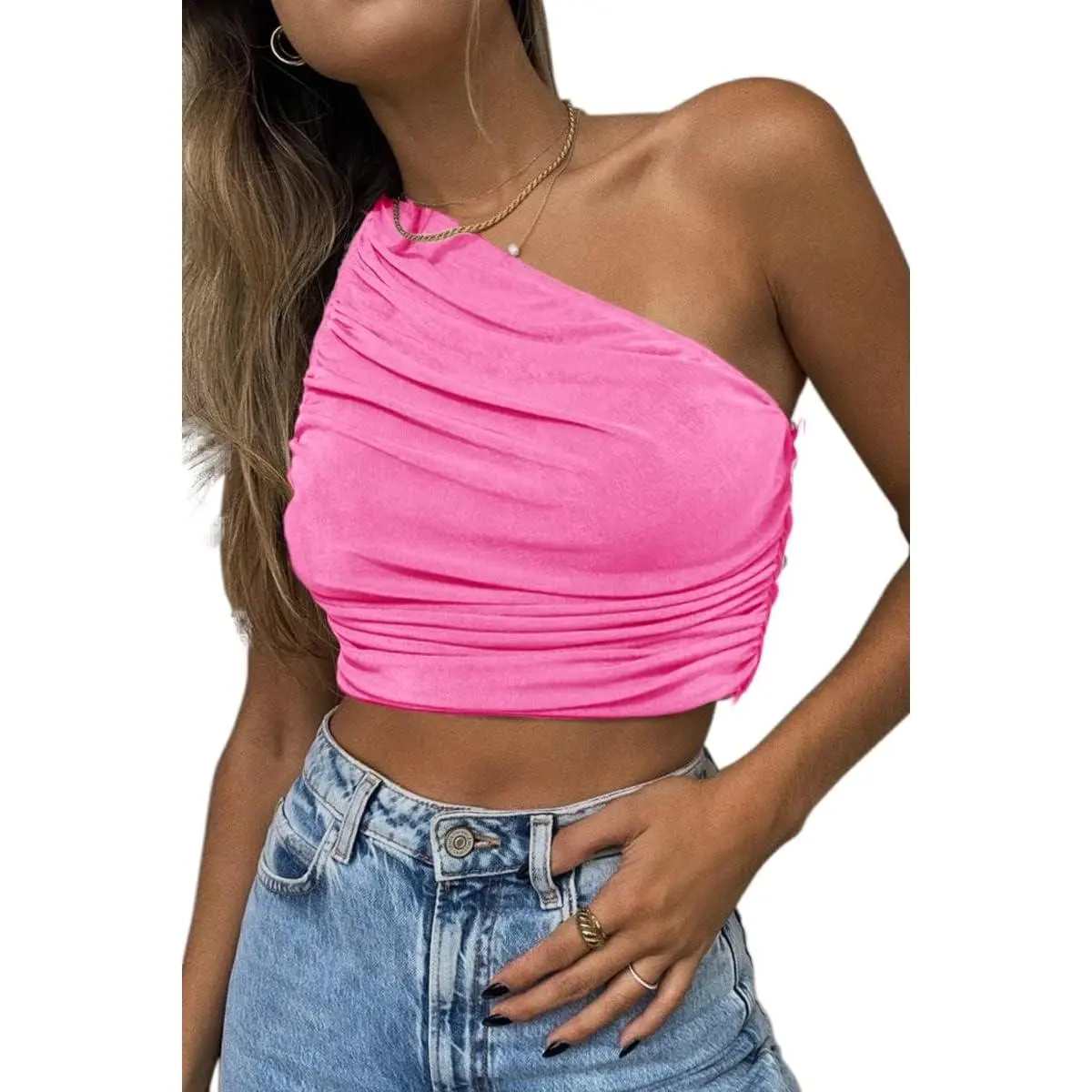 Women's 1-Shoulder Ruched Crop Top - Casual Fit Sleeveless Slim-Fitting Tank, Sparkly Red Bridal Crop Top with Off-Shoulder Detail, Crop Tops