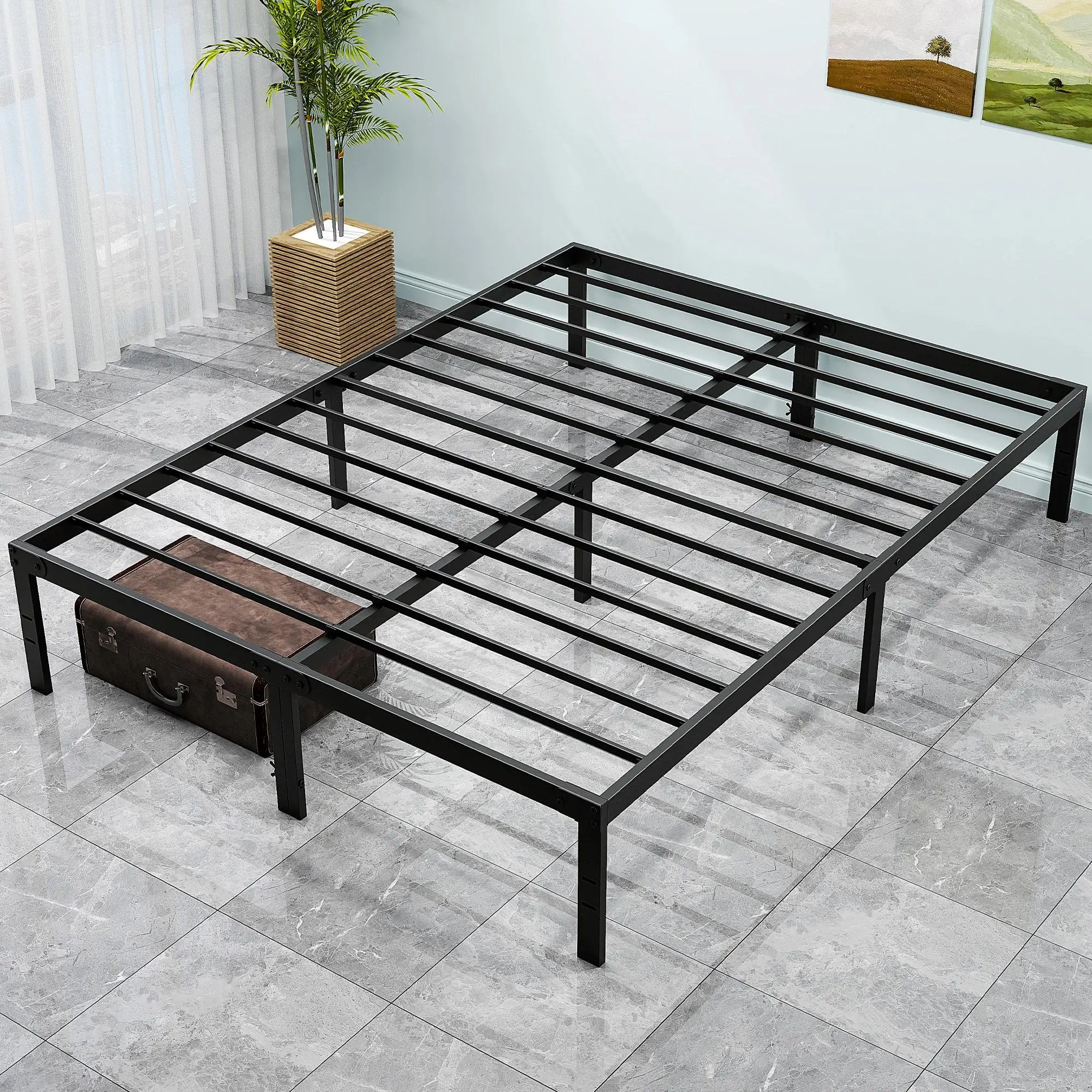 Sturdy Steel Metal Bed Frame - 16in Tall Minimalist Modern Adjustable Platform Bed with Headboard, Slat Support, Underbed Storage Space for Home Bedroom, Adjustable Bed Frame