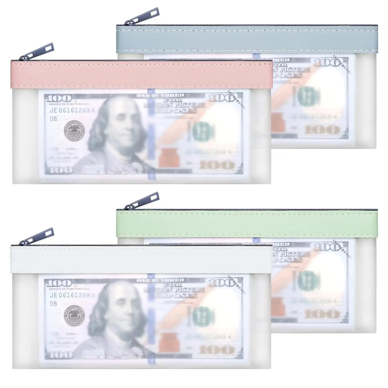 Clear Money Bag with Zipper, 4 Counts Portable Waterproof Cash Credit Card Coin Pouch, Colorful Multi-purpose Check Wallet for Home Office Dormitory T