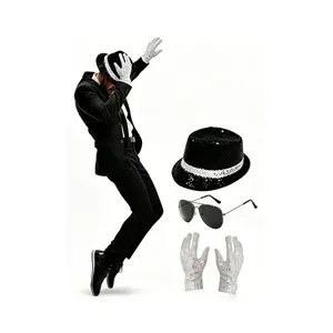 Disco Stage Performance Set, Glitter Hat, Glasses, Gloves, Music King Costume Accessories, Party Decor, Halloween, Retro, Pool, Beach, Festival, Nightclub