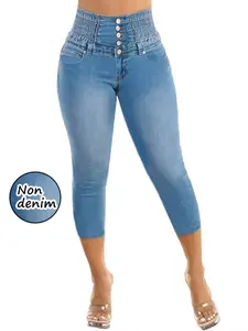 Women's Faux Denim Knit Skinny Tight-Fitting Seven-Quarter Pants, Blue Jeans Print, Casual Bottoms, All Seasons Wear, Comfortable Fit
