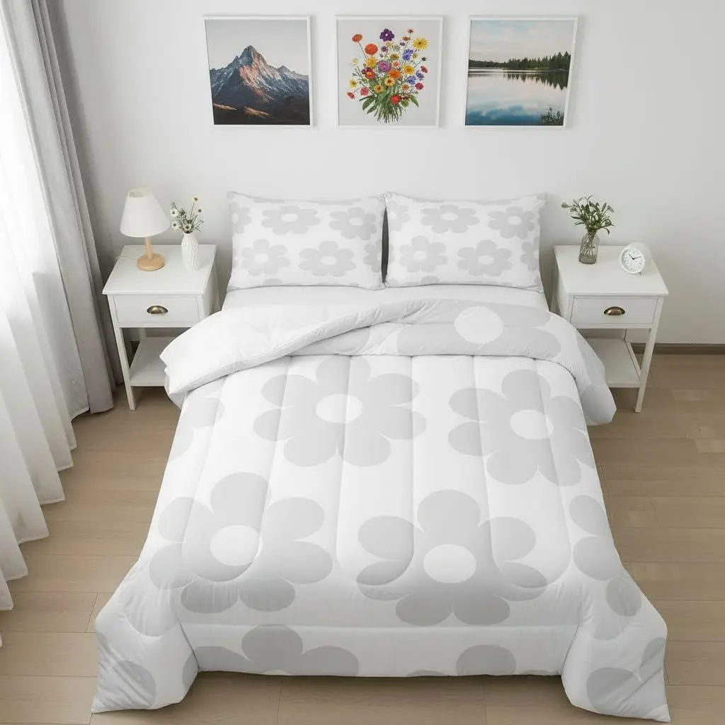 Cute Daisy Flowers Comforter Set for Kids,70s Retro Groovy Bedding Set,Teens Cute Room Decor,Cartoon Floral Gray Duvet Set,Quilt Set,1 Comforter with