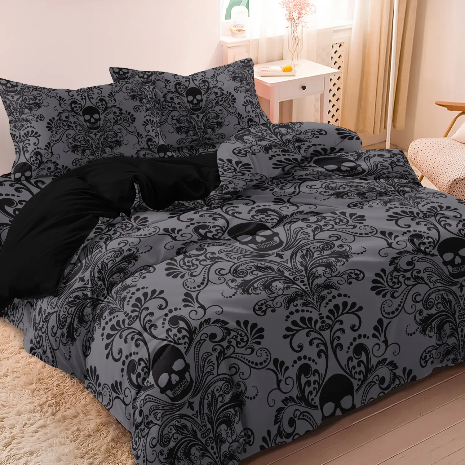 3pcs Skull Flowers HD Print Decorative Duvet Cover Set, Gothic Theme Bedding Set, For Family Bedrooms Dormitories Hotels (1 Duvet Cover + 2 Pillowcases No Comforter No Pillow)