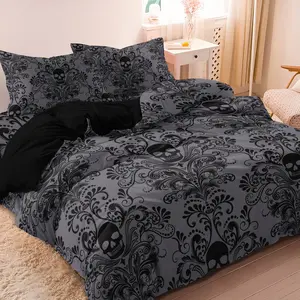 3pcs Skull Flowers HD Print Decorative Duvet Cover Set, Gothic Bedding Set, For Family Bedrooms Dormitories Hotels (1 Duvet Cover + 2 Pillowcases No Comforter No Pillow)