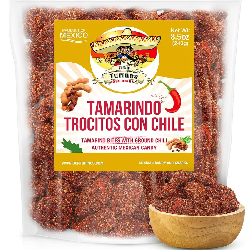 Tamarindo De Frutas Con Chile, Authentic Mexican Tamarind Candy with Chili, Sweet, Tangy and Spicy. Dulce De Tamarindo 8.5 oz. Contains Seed. Bag by Don Turinos