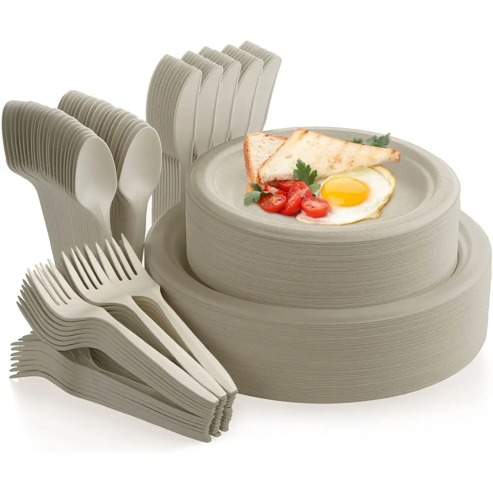 250pcs Solid Disposable Tableware Set - 9" Compostable Biodegradable Eco-Friendly Kitchen Plates with Freezer-Safe, Heat-Resistant Cutlery (Larger Fork, Knife, Spoon) for Party, Camping