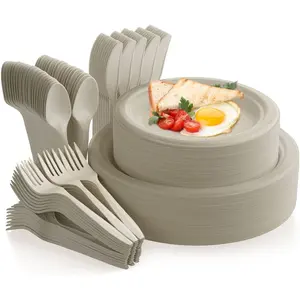 250Pcs Disposable Paper Plates Set with Cutlery, Compostable Biodegradable Eco-Friendly Dinnerware & Utensil Include Plate, Larger Fork, Knife & Spoon For Party,Camping,Picnic,BBQ (Natural)