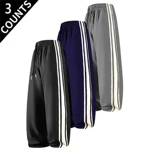 3-Pack Men’s Side-Striped Wide-Leg Pants, Elastic Waist, Drawstring Closure, Soft & Durable Material, Relaxed Fit, 3-Color Combo Set, Ideal for Casual Activities, Outdoor Sports, Travel, Running Errands, Street Style and Loungewear.