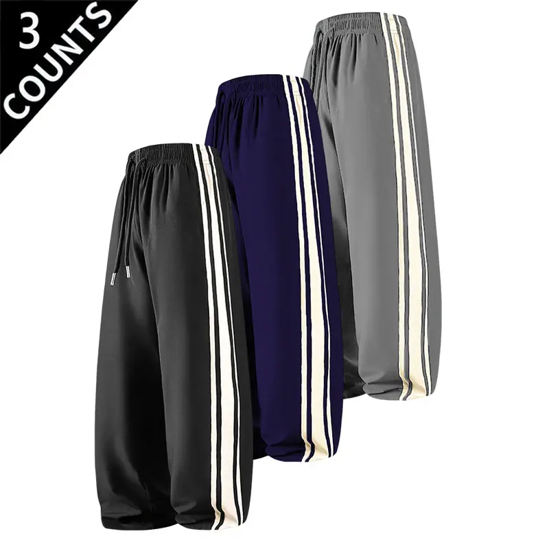 3-Pack Men’s Side-Striped Wide-Leg Pants, Elastic Waist, Drawstring Closure, Soft & Durable Material, Relaxed Fit, 3-Color Combo Set, Ideal for Casual Activities, Outdoor Sports, Travel, Running Errands, Street Style and Loungewear.