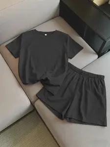 Women's Solid Basic Co-ord Set, Casual Fitted Short Sleeve Tee & Elastic Waist Shorts Set, Women's Summer Clothes for Daily Wear, Cute Aesthetic Summer Outfit