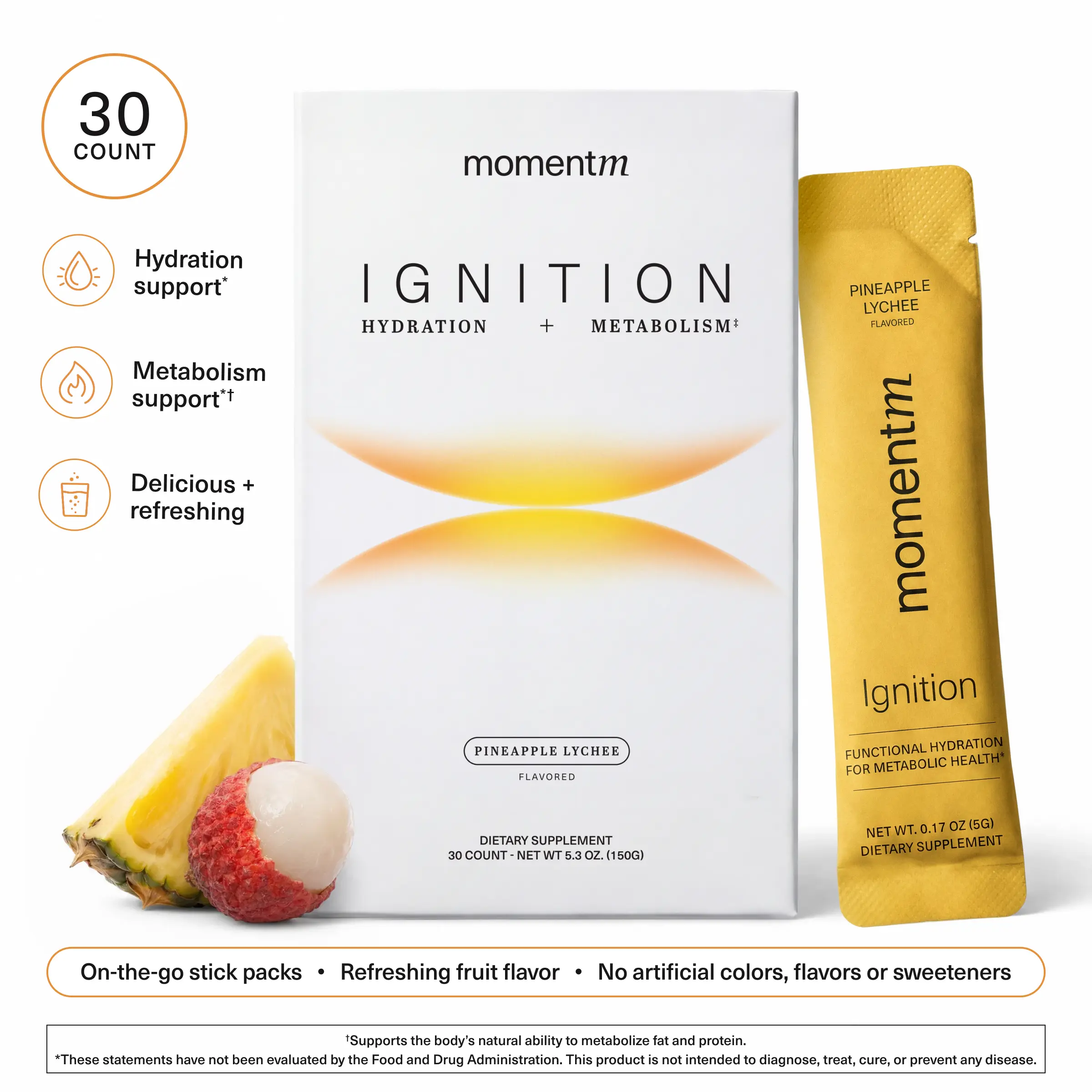 momentm Ignition Pineapple Lychee Hydration Drink Mix (30 ct) - Supports Steady Energy & Focus - with Magnesium, Electrolytes, Adaptogens, InnoSlim & Holy Basil - Sugar Free
