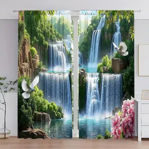 Waterfall & Bird Pattern Door Curtain, 1 Set Natural Themed Door Curtain, Window Curtain for Home Living Room Bedroom Decor