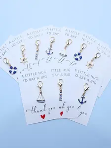 5/10pcs Nautical Keychain Set Sailboat Anchor Lifebuoy Lighthouse Rudder Bag Charms with Thank You Card Summer Beach Gift