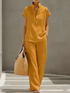 Women's Summer Short Sleeve + Long Pants Set, Solid Color Linen Cotton Design, Simple Fashion Style, Ideal for Vacation and Casual Wear, Button, Womenswear