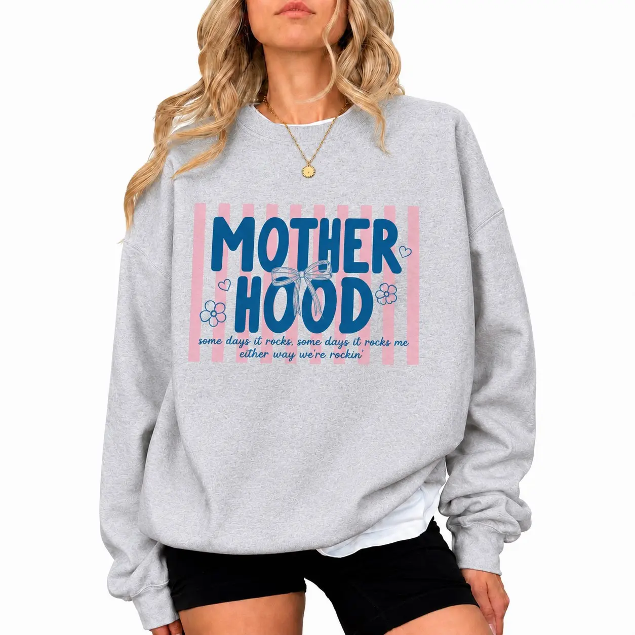 Retro Motherhood sweatshirt, trendy mama crewneck with oversized graphic, cozy mom life sweater, cool mom club style, perfect Mother’s Day gift, comfy wear