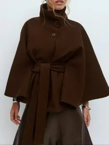 Women's Fall Winter New Pure Color Stand Collar Cape Coat, Button Waist Belt Batwing Sleeve Outerwear, Stylish and Warm Jacket
