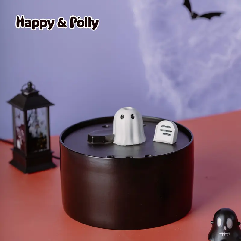 Happy & Polly 50oz/1.5L Ceramic Gothic Ghost Cat Spooky Pet Water Fountain, Food-Grade Auto Flow Keeps Bowl Topped Dispenser with Filters, Adjustable Flow Rate, USB-Powered, Brook-Like Bubbling, Detachable Parts Rinse Clean, Ghostly Goth Decor for Kittens