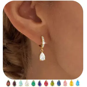 Birthstone Hoop Earrings for Women 14K Gold Plated Dangle Hoop Earrings for Birthday Gifts Valentine's Day Gift