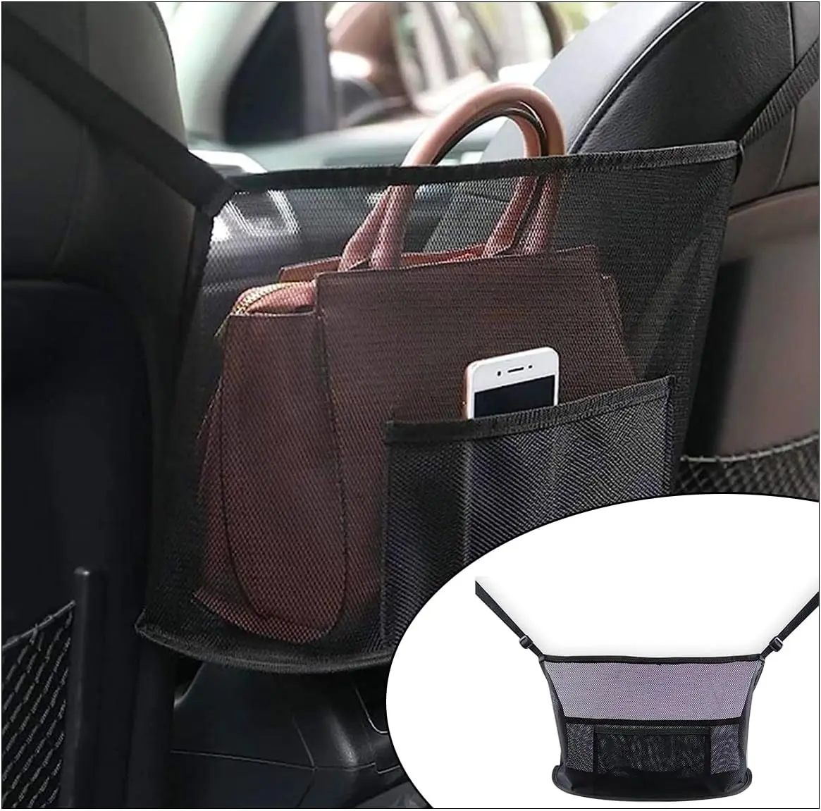 Handbag Holder for Auto, Net Pocket Purse Holder Between Front Seats Car Storage Organizer, Universal Accessory