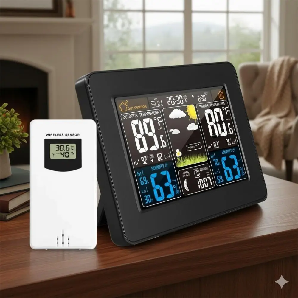 Wireless Smart Weather Station with Outdoor Sensor, Color Digital Forecast Clock, Accurate Indoor Outdoor Temperature Humidity Barometer, Alarm Time Date Moon Phase Display, Multifunctional Home Office Gift