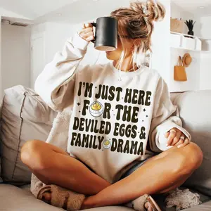 I'm Just Here For The Deviled Eggs & Family Drama Sweatshirt, Funny Thanksgiving Shirt, Trendy Thankful Dinner Hoodie, Thanksgiving Gifts for Women Men I7