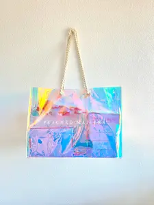X-Large Iridescent Tote Bag - Post Office Run Bag for Shipping Packages - Clear PVC Tote Bag with Rope Handles by Peached Mailers