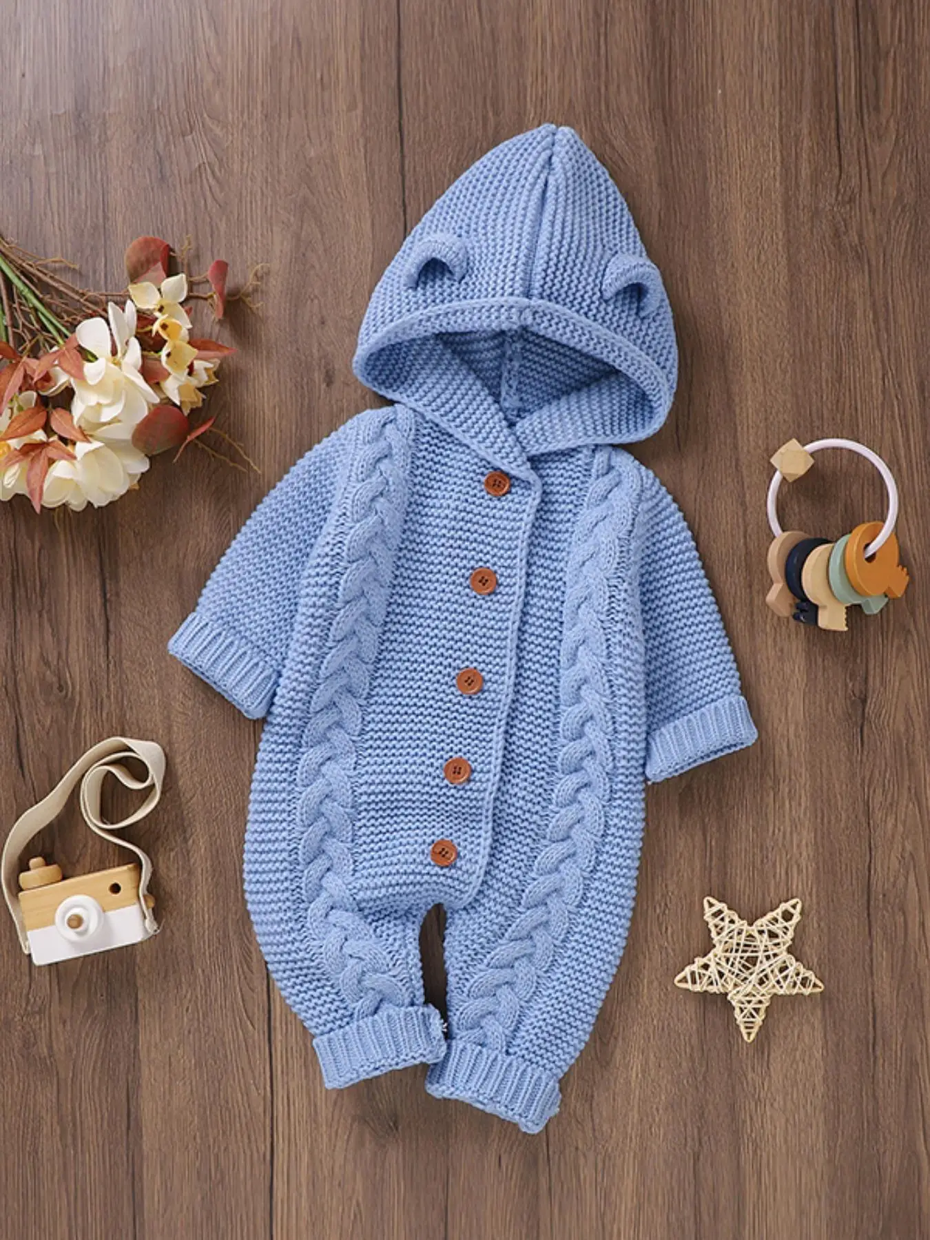 Baby's Solid Twist Textured Button Front Hooded Sweater Jumpsuit, Cute Casual Long Sleeve Jumper Onesies for Newborn Infant Kids Daily Wear