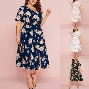 Lady's Plus-Size Floral Print V-Neck Short-Sleeve Sports Dress - Black, Navy Blue Styles, Cinched Waist, Loose Fit, Mid-Length Chiffon Fabric Skirt with Slit