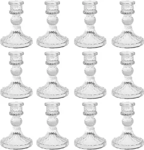 Glass Candle Holders Set, Vintage Decorative Design,Elegant Table Candlesticks Set for Dining Room,Wedding, Spring Party, Romantic Dinner, Festival & Windowsill Decor (12, Clear, XZS)