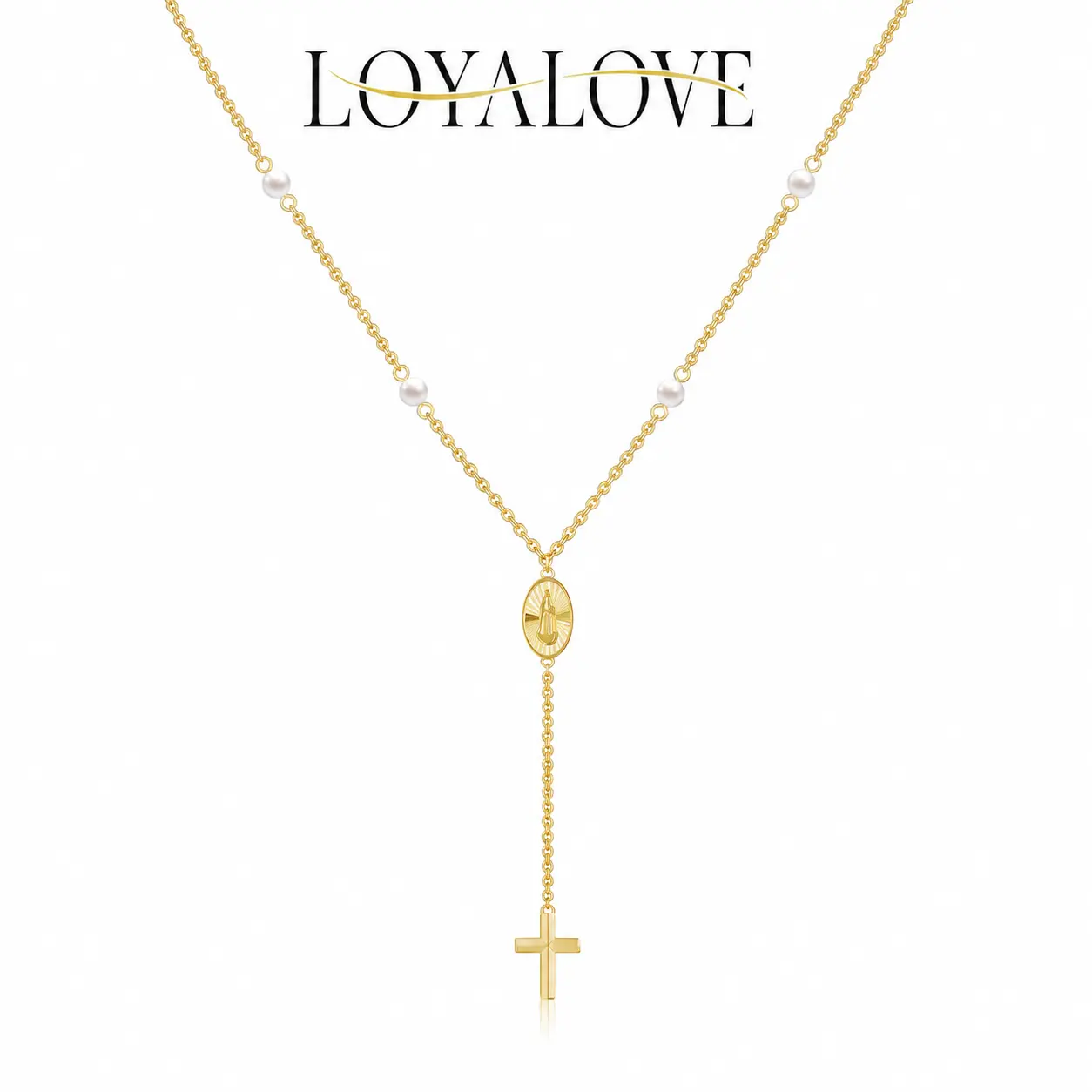 LOYALOVE 14K Gold Plated Y Necklace for Women, Pearl Rosary Cross Necklace with Virgin Mary Medallion, Dainty Christian Faith Jewelry, Religious Gift for Her