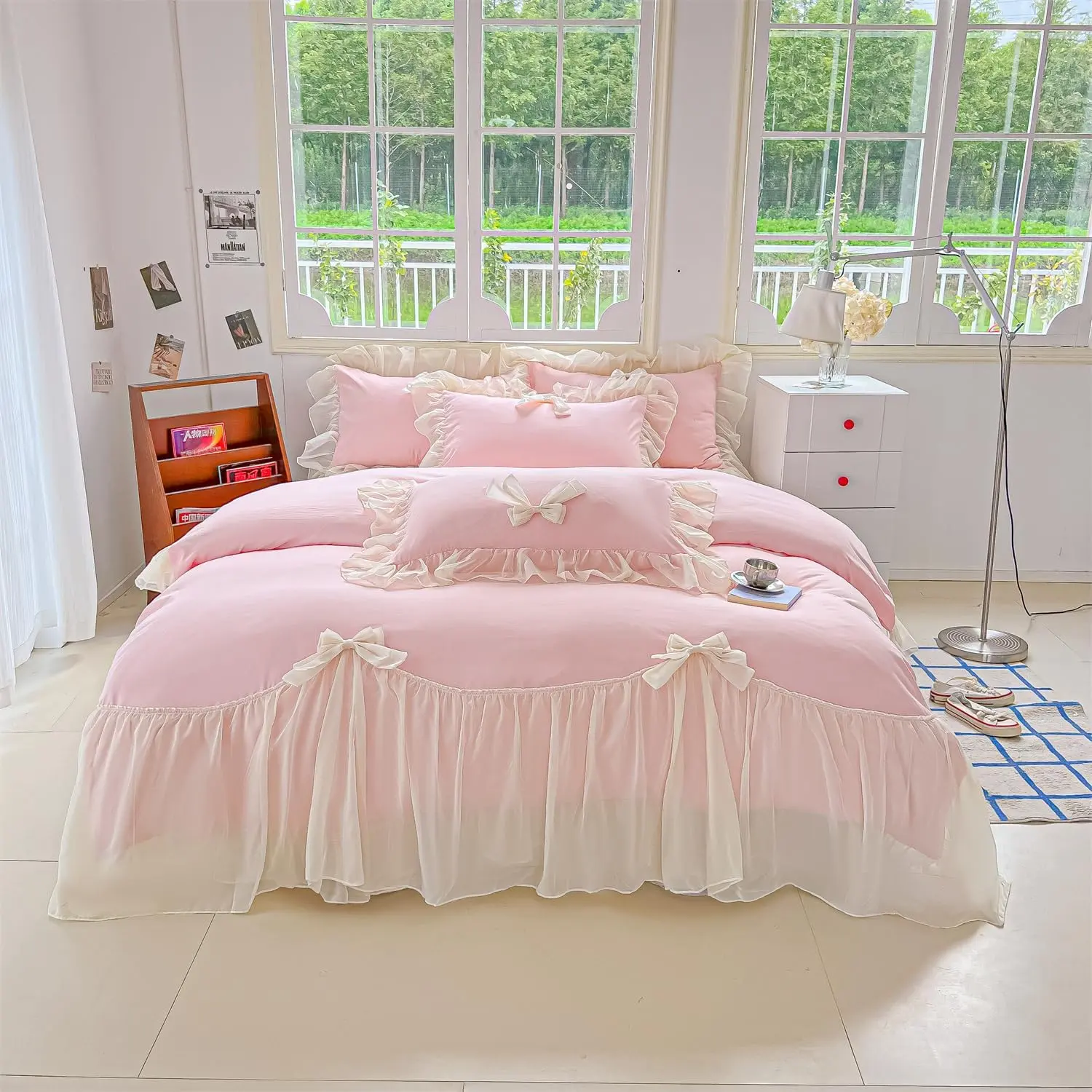 Girls Lace Bedding, Comforter Cover Set, Chic Ruffled Duvet Cover with Lovely Bow,Princess Style 1 Duvet Cover with 2 Pillowcases, No Comforter-Pink, Size