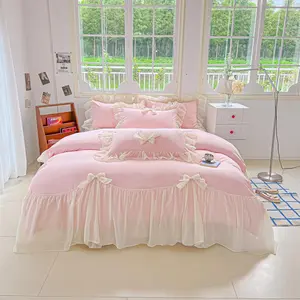 Girls Lace Bedding, Comforter Cover Set, Chic Ruffled Duvet Cover with Lovely Bow,Princess Style 1 Duvet Cover with 2 Pillowcases, No Comforter-Pink, Size