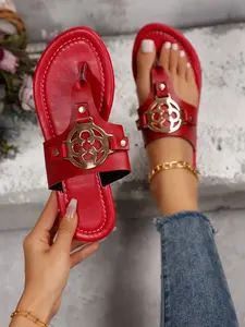 Metal Buckle Flip Flops, Luxurious Style, Anti-Slip Flat Sole, Perfect for Trendy Women Daily & Beach Vacations