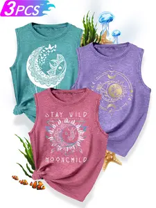 3Pcs Women's Crew Neck Tank Tops, Sun & Moon Series Print, Multiple Colors Available, Machine Washable, Spring & Summer Tops, Soft Skin-Friendly Fabric, Daily Versatile, Fashion Design