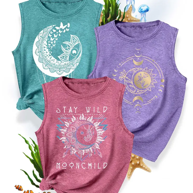 3-Pack Women's Crew Neck Knitted Tank Tops, Sun and Moon Series Print, Soft Skin-Friendly Fabric, Casual Summer Tops, Sleeveless Tank Tops