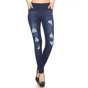 Distressed Denim Ripped Jeggings in Navy - Women's