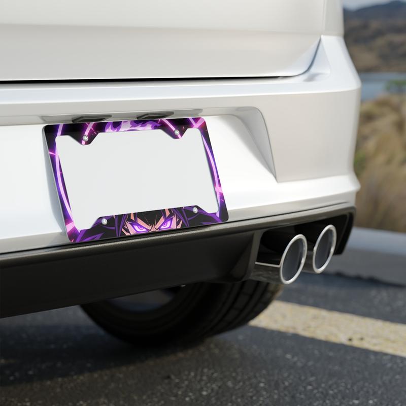 Purple Demon Eyes Metal License Plate Frame Anime Glow Car Accessory with Unique Cutaway Shape and Vivid Full-Color Printing