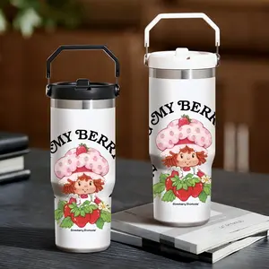 Cute S-Strawberry Shortcake Vacuum Flasks 30oz Stainless Steel Flip Straw Tumbler with Handle | Leakproof Twist Lid | Double Wall Vacuum Insulated BPA-Free Reusable Cup for Gym, Work & Travel