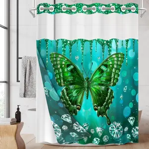 1PC - Green Butterfly Pattern 2D Flat Double-Layer Woven Shower Curtain (No Hooks), Shower Curtain Liner, Transparent Top Window, Removable Lining with Clips, Modern Home Bathroom Partition Art Decoration