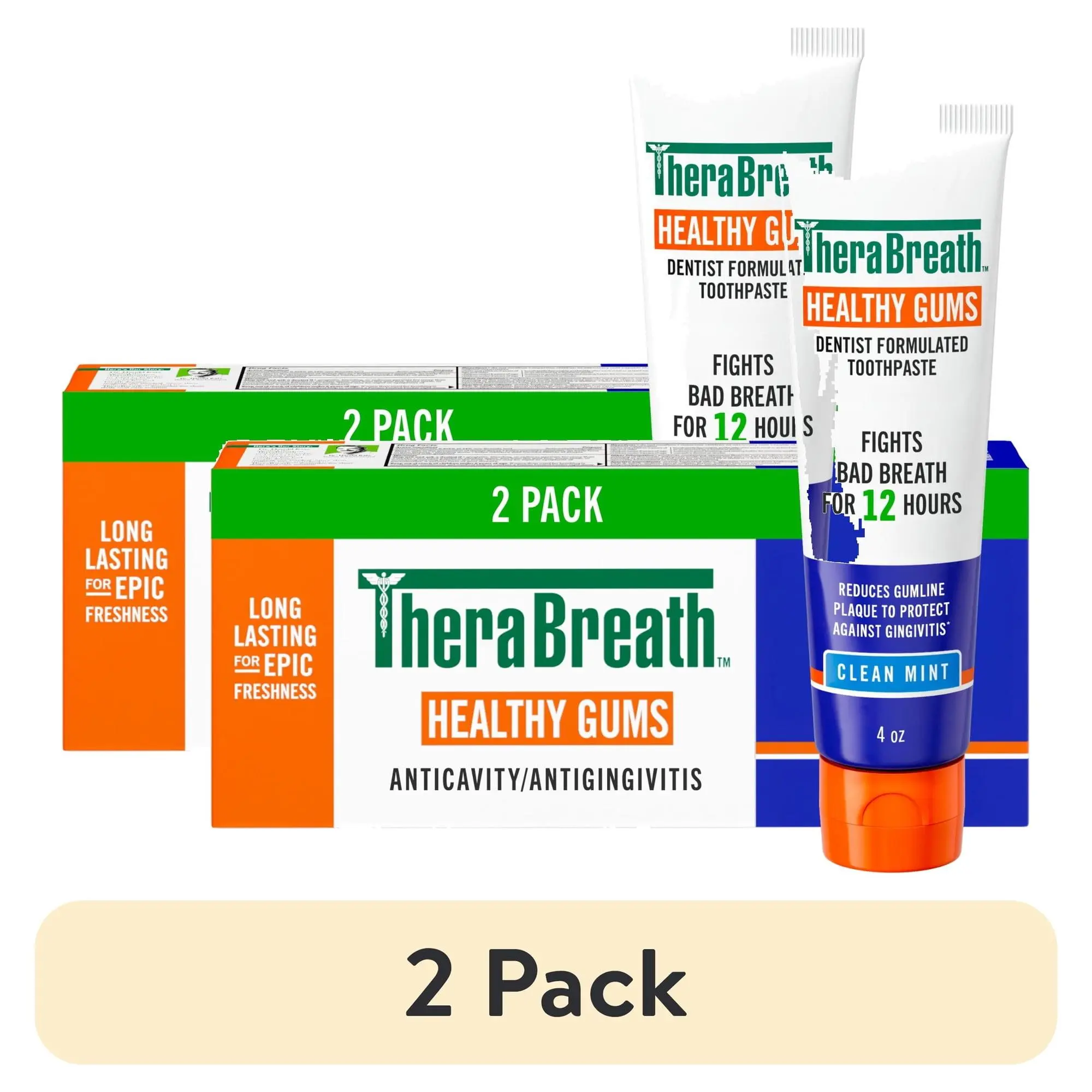 (2 pack) TheraBreath Healthy Gums Toothpaste, Anticavity & Gingivitis Protection, Clean Mint, 4 oz, 2-Pack