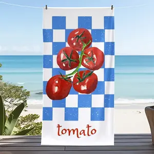 1pc "Summer Fresh Tomato Blue and White Checkered Beach Towel - Fashionable Fruit Pattern Bath Towel - Essential for Home Decor" Themed Beach Towel, Summer Beach Towel