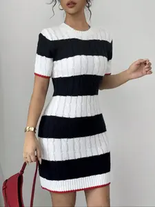 Women's Striped Knit Fitted Mini Dress with Short Sleeves, and Colorblock Design, Trimmed Round Neck Dress for Summer Casual Fashion Womenswear
