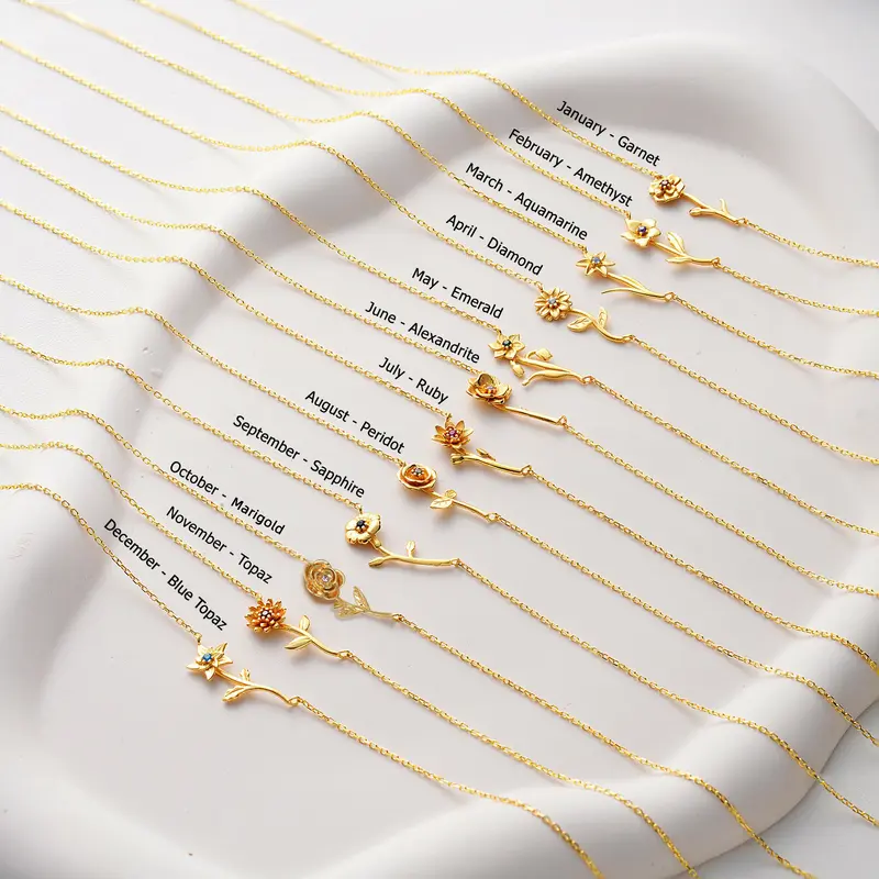 Women's Birthstone Necklace - Personalized Horizontal Flower Pendant, Artificial Gemstone Jewelry for Women, Unique Birthday Gifts for Female Adults