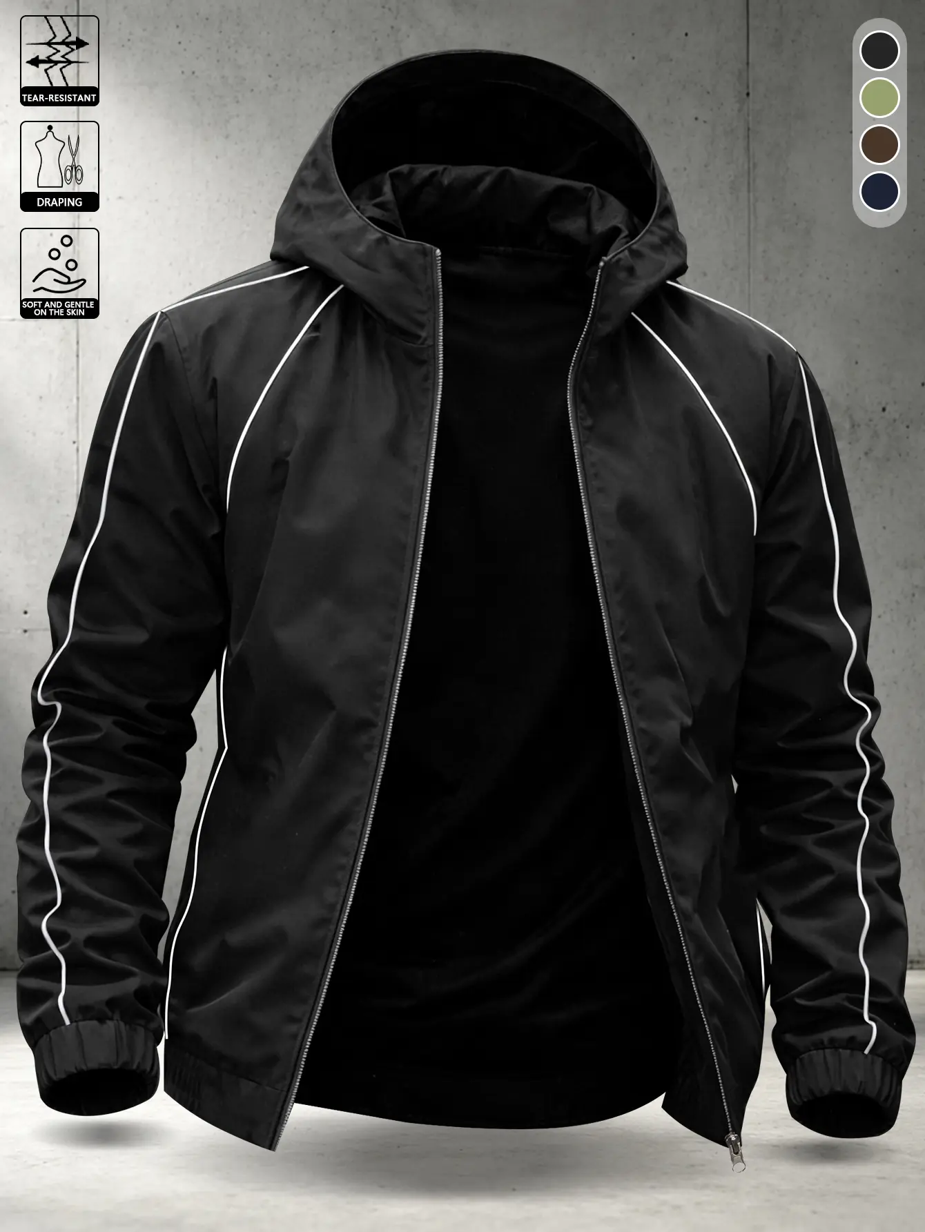 Men’s windproof solid-color stand collar aviator jacket made from comfortable fabric, featuring a side zippered pocket design and ribbed cuffs; loose and lightweight flight-style coat suitable for everyday driving, sports, and outdoor wear; available in m