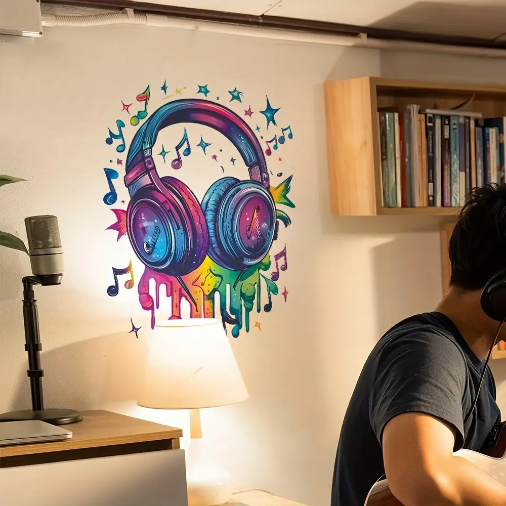 Sci-Fi Gaming Headset Wall Sticker, Vivid Dj Design with Stars and Music Symbols, Self-Adhesive Decal for Boy's Bedroom and Game Room Decor