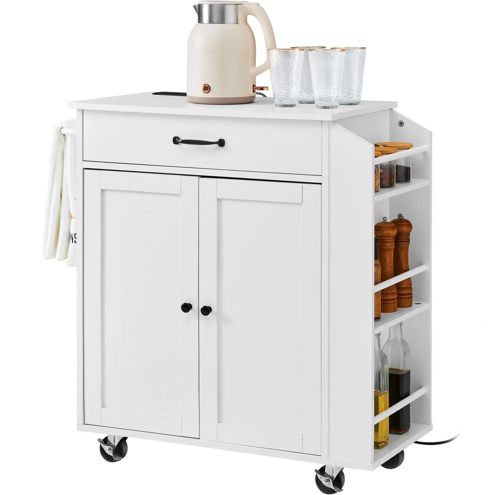 VEVOR Sturdy Kitchen Island Cart (32" Particleboard Kitchen Furniture), Mobile Rolling Cart with Built-In Power Strip, Storage Cabinet, Spice Rack, Towel Bar, Adjustable Shelf, Drawer, Easy Assembly, White, Power Outlet#BackToSchool
