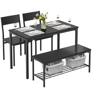 Solid Hardwood Dining Table Set for 4 with Bench, Scratch-Resistant Kitchen Table, Space-Saving 4-Person Set for Dining Room Apartment Small Space