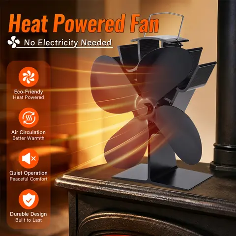 4-Blade Heat Powered Wood Stove Fan – Upgraded Fireplace Fan for Buddy Heater and Airflow Circulation, No Power Required Heating Circulation Accessory for Outdoor Camping
